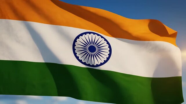 Indian national flag waving in the wind with clear sky background and Ashok Chakra symbol closeup
