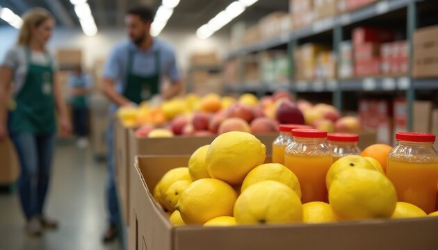 People sort fruits and juice bottles in donation center. Volunteers organize food supplies for charity. Boxes hold fresh produce, healthy food for needy.