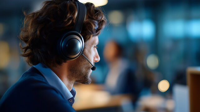 Individual with headset attending screen meeting faceless worker defocused office colleagues background blended participation scene virtual in office mix workspace technology