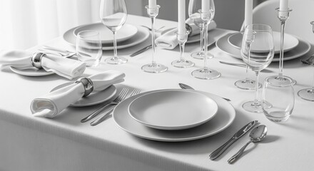 A meticulously set dining table draped in a crisp white tablecloth, featuring elegant place settings with dinnerware, polished cutlery, crystal glassware, and tall candlesticks, creating a
