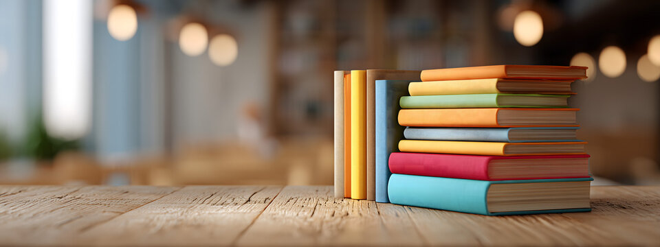 Vibrant stack of colorful educational books on a rustic wooden table with a soft, blurred background, representing learning and knowledge