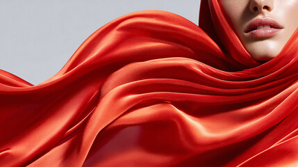Flowing red silk partially covering a woman’s face — textile motion, shoot for fashion and fabrics.