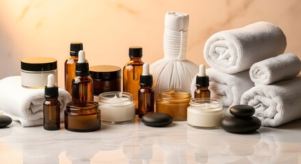 Spa and wellness products sit on a marble countertop.