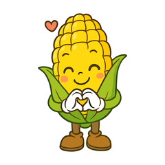 Cheerful corn mascot makes a heart shape sign