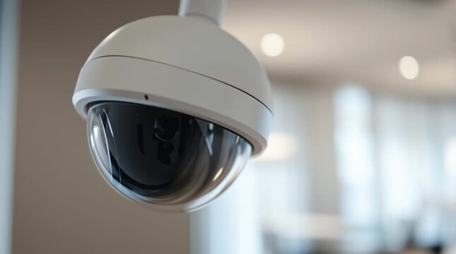 A close-up shot of a modern dome security camera recording in a soft, defocused indoor environment. 