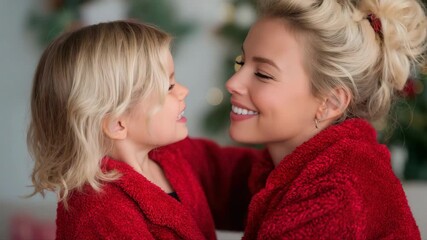 Mother and child share joyful holiday moments in festive red sweaters