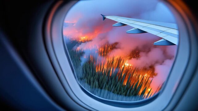 Aerial view of forest fire from airplane window illuminates sky with dramatic flames