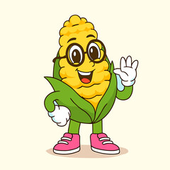 Happy cartoon corn mascot with glasses waves