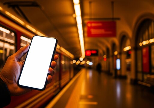Hand holding a smartphone with a blank screen on a subway station platform with a train.