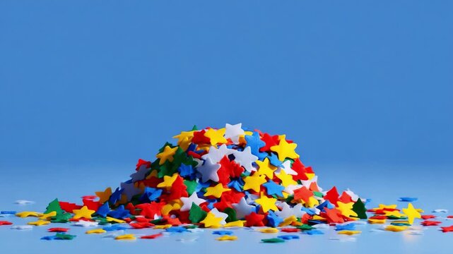 A Vibrant Pile of Colorful Star and Tree-Shaped Confetti on a Blue Surface, Capturing the Playful Spirit of Celebration and Festivity, Adding a Touch of Whimsy to Any Decorative Setting