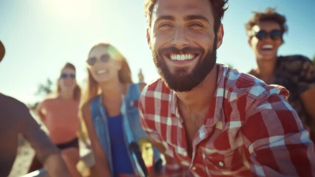 Group of happy friends laughing with bright sunlight outdoors during daytime