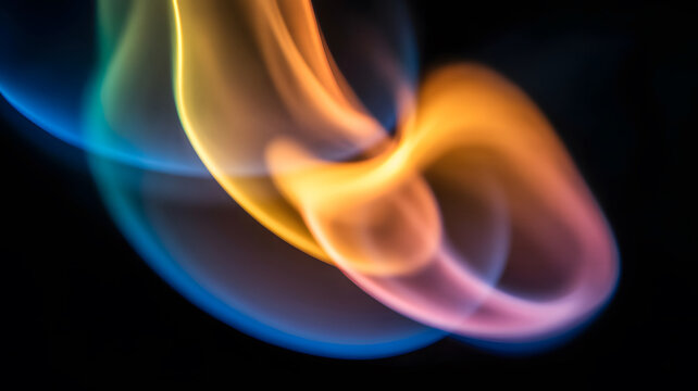 Abstract colorful smoke wisps swirling and dancing against a black background - Powered by Adobe