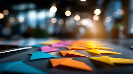 Colorful adhesive notes on surface showing direction options soft background online onsite choice display pandemic education work decisions digital transformation visualization