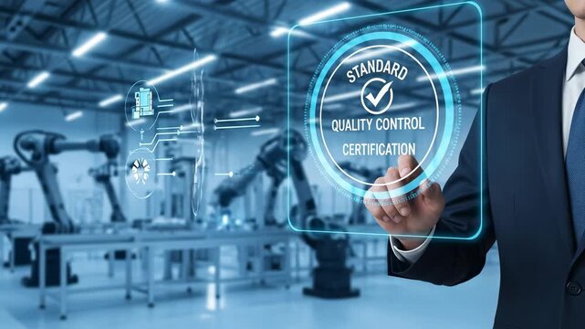 A Close-Up of a Male Engineer in a Factory Setting Utilizing Digital Technology to Manage Quality Control Systems with Robots in the Background