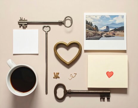 Collection of Vintage Keys, Coffee, and Heartfelt Notes on a Pastel Surface at Home