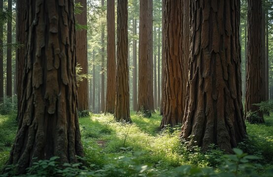 Giant redwood trees stand tall in a sunlit forest. Lush green undergrowth covers the ground. Sunlight filters through the dense canopy creating a magical atmosphere. - Powered by Adobe