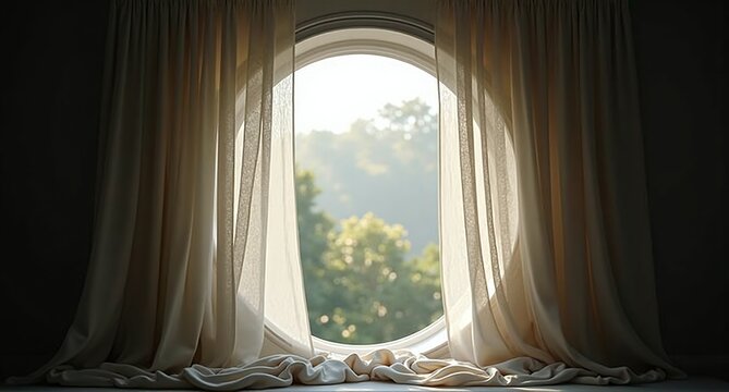 Flowing, sheer white curtains drape downwards, creating soft folds and a gentle, diffused light against a blurred background of greenery suggesting an interior space. - Powered by Adobe
