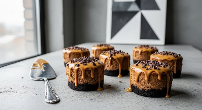 Peanut butter cheesecake A collection of individual mini cheesecakes topped with caramel and chocolate shavings, artfully arranged on a textured surface. - Powered by Adobe