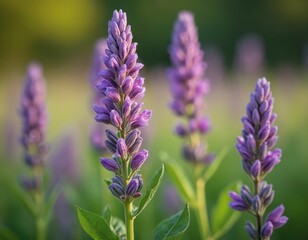Obraz premium Close-up of purple alfalfa flowers in a field. Medicago sativa plants grow in green grass. Soft sunlight illuminates blooming wildflowers. Natural meadow landscape background.