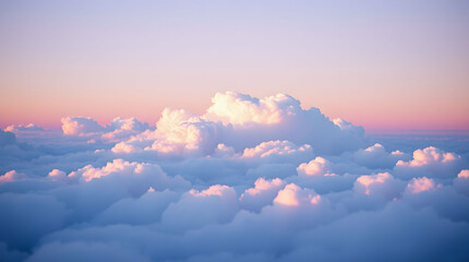 Panoramic view of fluffy clouds bathed in pastel twilight glow