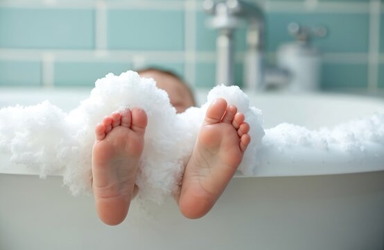 Tiny baby feet emerge from abundant white foam in a clean bathtub. Infant enjoys bubble bath in bathroom. Child hygiene and care concept. Small human toes stick out of water.
