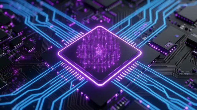 Futuristic Technology 4K Video AI Processor and Quantum Computing Chip with Glowing Circuits