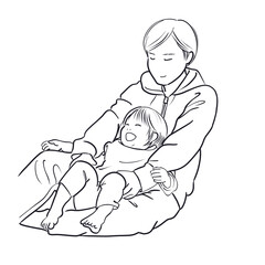 Minimal monochrome line art illustration of a father holding a laughing child on his lap, capturing a warm and playful family moment 