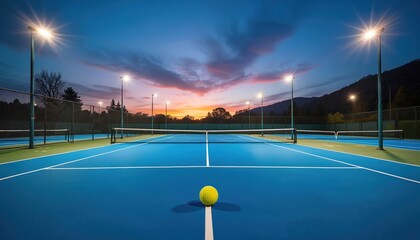 Empty blue tennis courts with pickleball lines and lights on at dusk. A yellow ball rests on a white line on the court. The sky shows sunset colors with clouds.