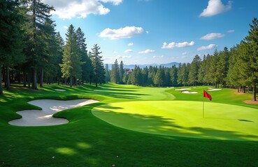 Obraz premium Vast green golf course with sand traps, manicured grass, tall pine trees, and a red flag on the putting green. Houses and hills are visible in distance under blue sky.