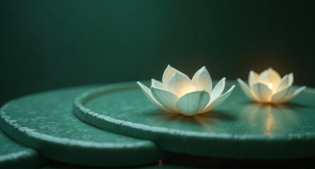 Several vibrant, orange-red lilies rest atop a smooth, dark green surface, exhibiting a symmetrical arrangement with repetitive petal shapes and a calm, naturalistic mood.