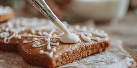 Gingerbread house decoration with icing being piped in a continuous line, showcasing family creativity and holiday baking traditions during Christmas