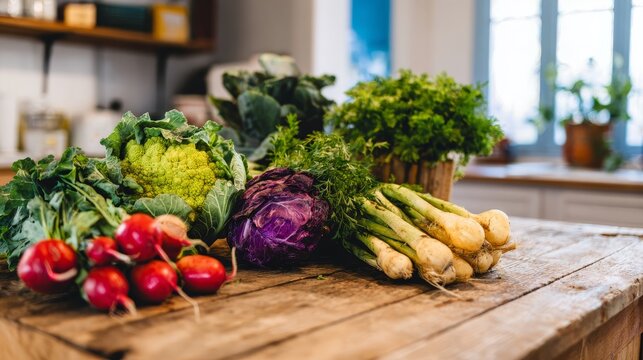 A side view of a wooden kitchen table filled with colorful vegetables showcasing the beauty of plant-based eating in Veganuary