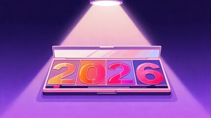 Open Makeup Palette under Spotlight Displaying Glittery Multicolored 2026 Numerals against Dark Purple Background, Glam Beauty Typography