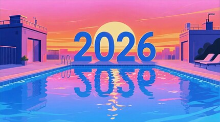 Rooftop Pool at Sunset Reflecting Bold Blue 2026 Text in Calm Water between Modern Buildings, Sunset Pool Scene