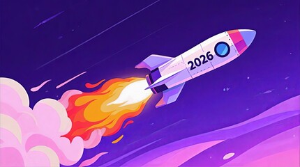White Rocket Labeled 2026 Soaring through Purple Night Sky with Glowing Exhaust and Sparkling Stars, Futuristic Rocket Artwork