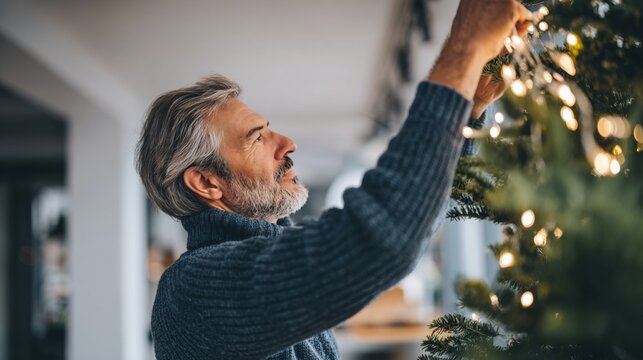 Adult man adjusting string lights on a Christmas tree, creating a cozy festive atmosphere with warm tones and a DIY holiday spirit
