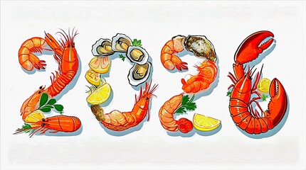 Seafood Arrangement Forming 2026 with Lobsters Shrimp Oysters Crab Lemon Wedges and Parsley on White, Festive Seafood Typography
