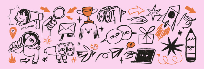 Vector logo design template and graphic elements for advertising, branding, posters and banners, funny characters and icons illustrations with faces, emotions. Grunge charcoal mascot prints, stickers.