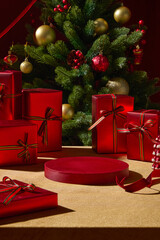 Fototapeta premium A wooden table with red holiday gifts and a Christmas tree behind them. The decorations and warm tones create a joyful holiday atmosphere suitable for Christmas visuals.