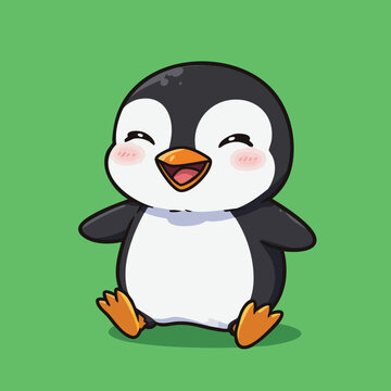 Happy cartoon penguin character with a joyful expression on a vibrant green background 