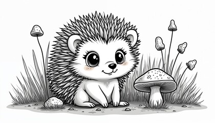 Cute cartoon hedgehog sits near spotted mushrooms. Black and white line art illustration style. Adorable wild animal in grass. Kids book drawing for children.