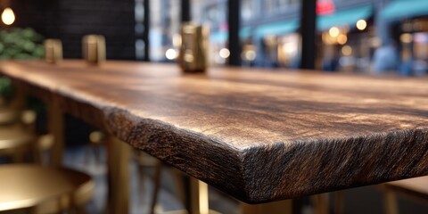 Rustic wooden table in a cafe with blurred background and glasses.