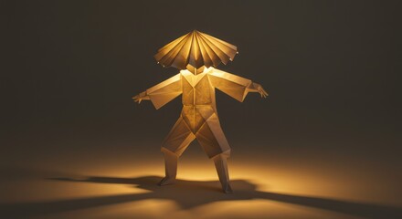 Illuminated origami figure, Asian-inspired design, paper art, standing pose, warm light.