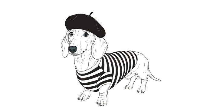 A black and white illustration of a dachshund in a beret and striped shirt, great for quirky pet products, French-themed designs, and humorous animal graphics.