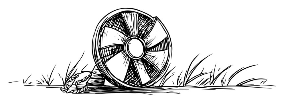 vintage wagon wheel in grass sketch