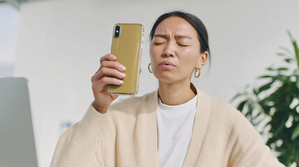 Woman holding a smartphone vertically, filming video or streaming — mobile content.