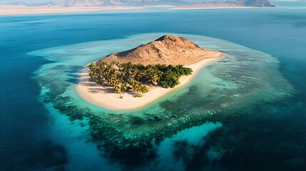 Aerial view of a small tropical island with palm trees and turquoise ocean