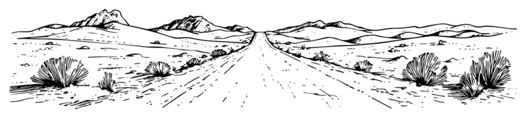 long desert road with mountains sketch © Kaz