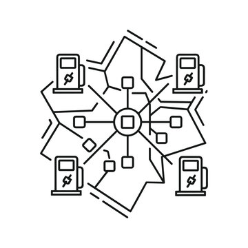 Line art illustration of a decentralized network connecting multiple charging stations with a central hub