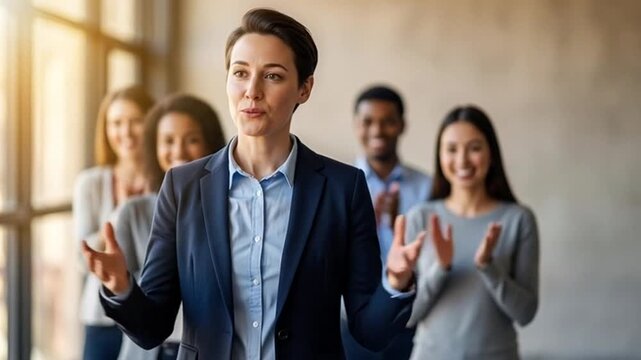 Confident businesswoman leads team in modern office, delivering motivational speech with diverse colleagues supporting her leadership and vision.